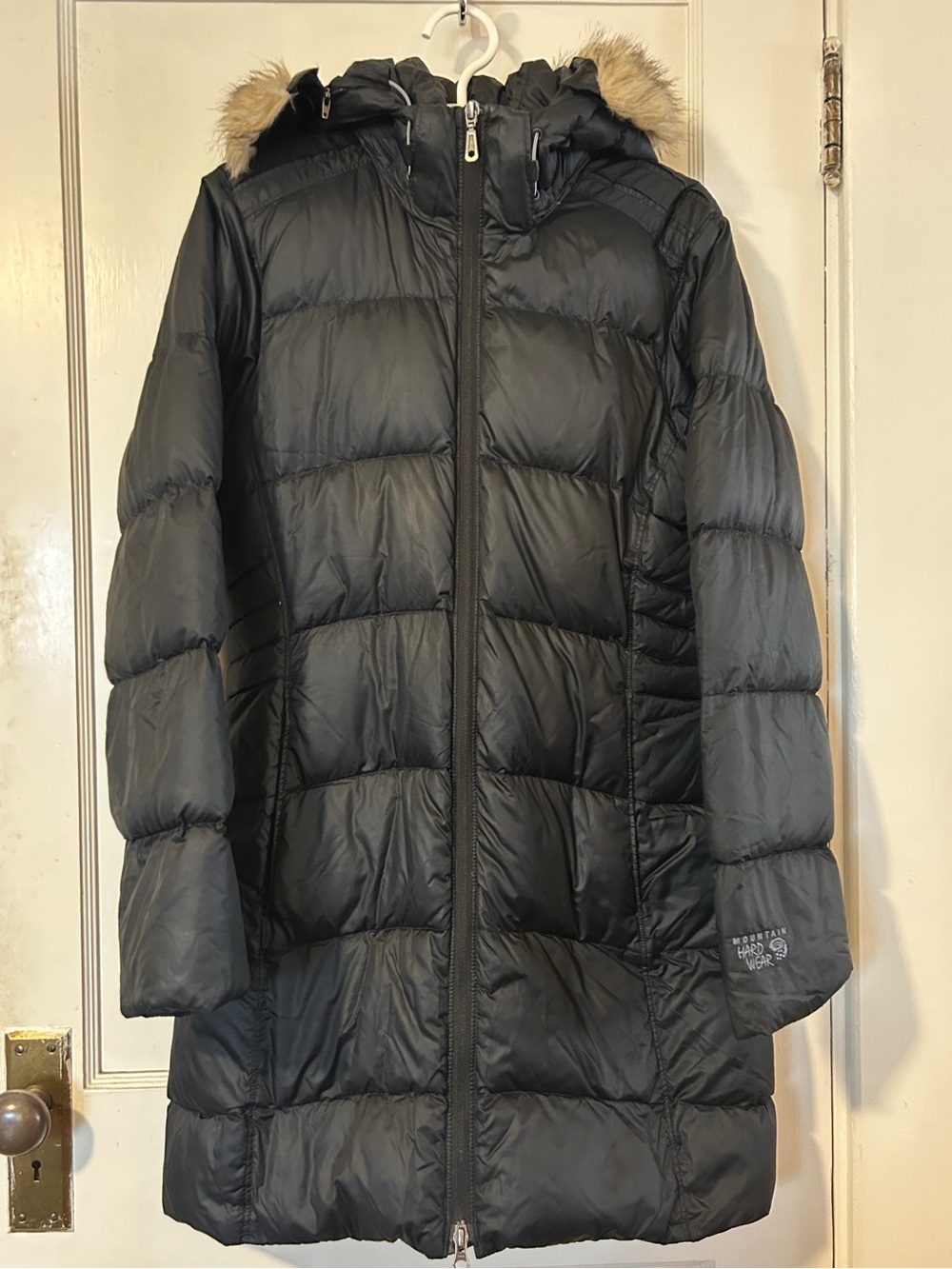 Mountain Hardwear Black Long Puffer Coat with Faux-Fur Trim Hood